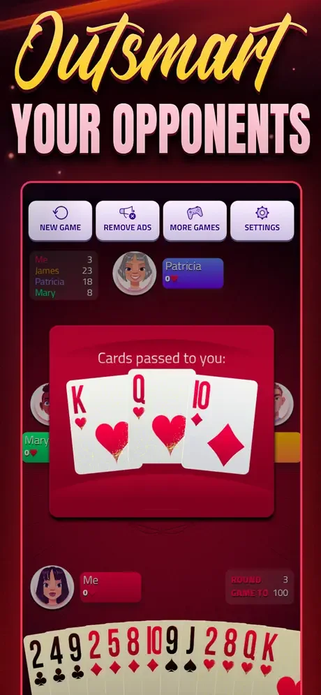 Hearts card game screen showing card passing mechanic with King, Queen, and 10 of hearts passed to player, opponent scores displayed