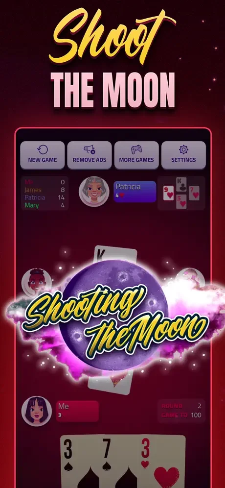 Hearts card game Shoot the Moon special round screen with purple glowing moon graphic and special rule variation active