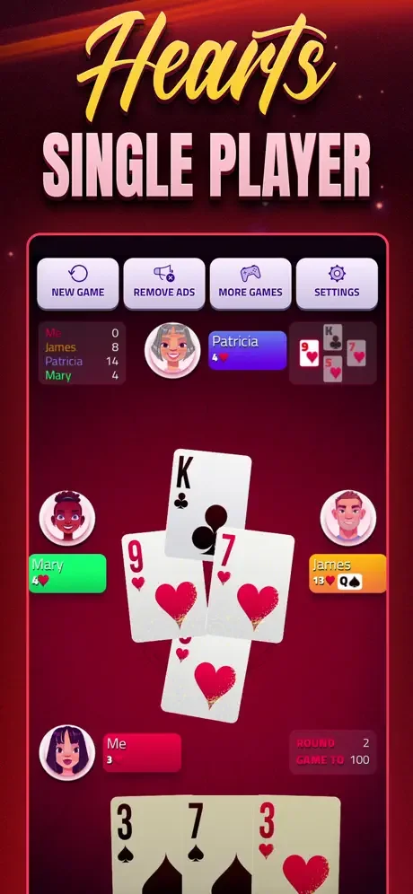 Hearts Offline single-player card game screen with one player versus AI opponents, hand cards displayed, and game progress tracking