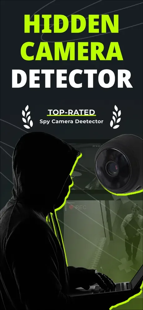 Hidden Camera Detector splash screen highlighting spy camera detection and privacy protection technology for security