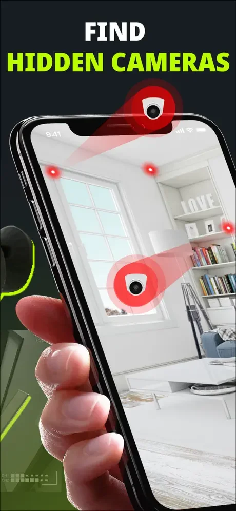 Phone app displaying hidden camera detection with red marker indicators pinpointing suspicious device locations in room