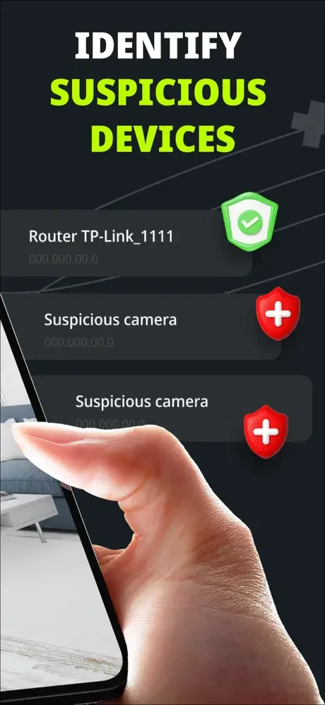 Network device identification interface showing suspicious camera detection with green safe indicators and red warnings