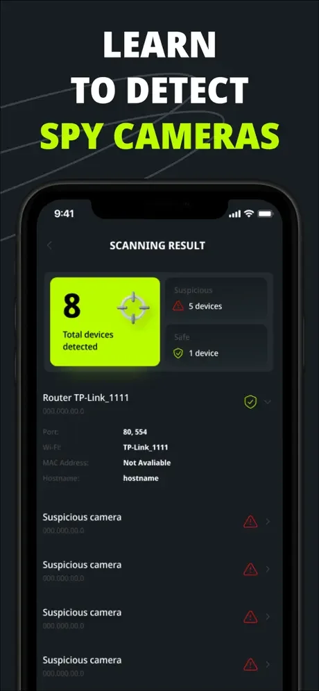 Scanning results screen detecting 8 devices with safe router and multiple suspicious camera warnings and alert indicators