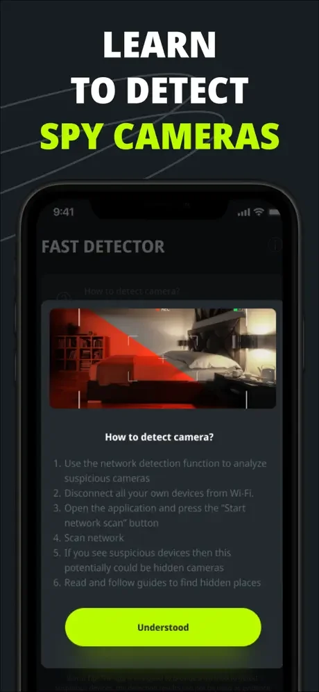 Tutorial guide for detecting spy cameras using thermal detection method with step-by-step hidden camera detection instructions