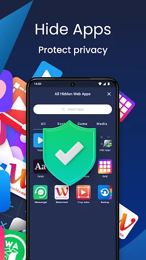 Hide Apps privacy protection interface with green security shield showing all hidden web apps including Messenger, WeChat, and more