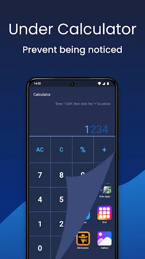 Under Calculator disguised app with 1234 code entry screen to secretly access hidden applications without detection