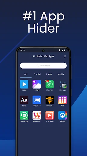 App hider management interface displaying all hidden web apps with search bar and category filters for Social, Game, and Media