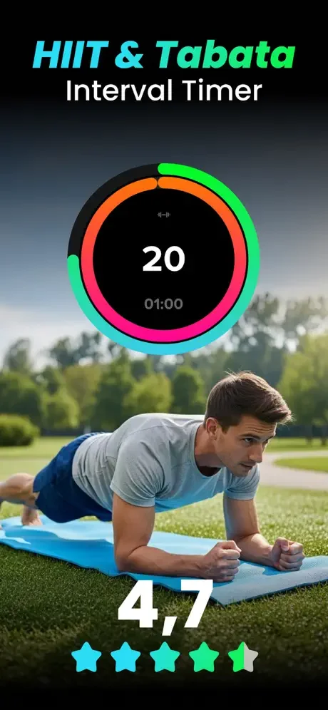 HIIT interval timer app showing 20-second countdown, exercise demonstration, and 4.7-star user rating