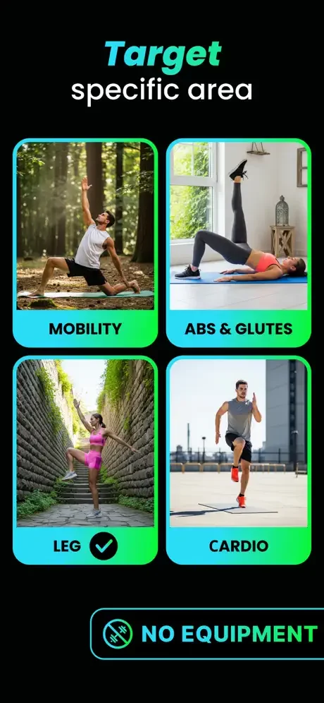 HIIT workout targeting options for Mobility, Abs & Glutes, Leg cardio exercises, requires no equipment