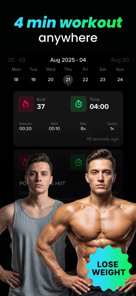 HIIT workout scheduler showing 4-minute session, calorie tracking, exercise sets, cycles, and weight loss results