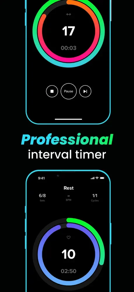 HIIT interval timer showing active workout with 17-second countdown, pause controls, and rest period management