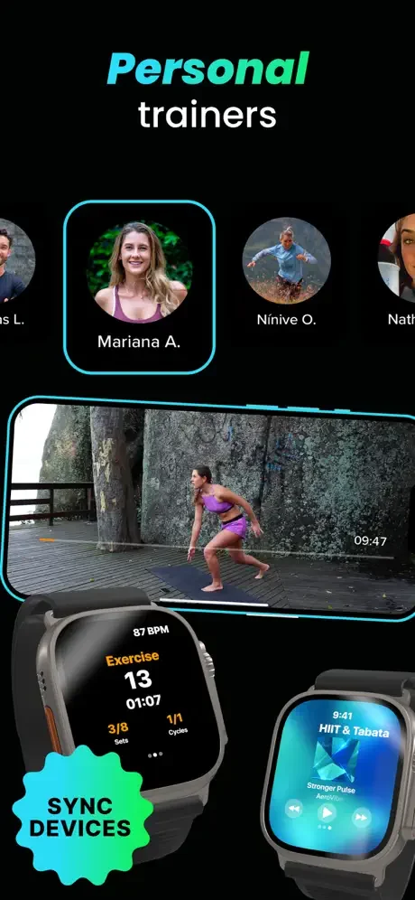HIIT app with certified trainers, live exercise videos, and wearable device sync for smartwatch fitness tracking