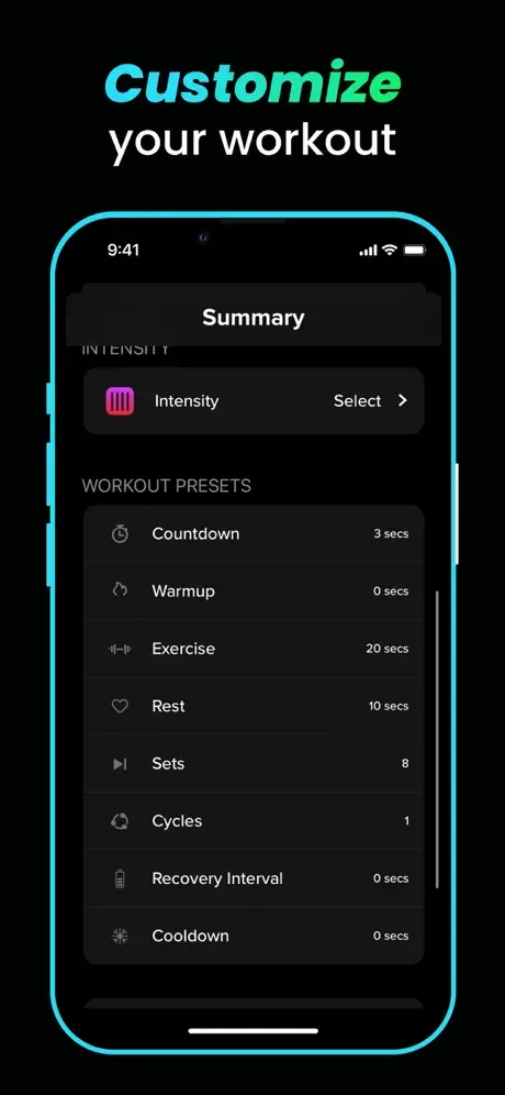 Customize HIIT workout with adjustable intensity, warmup, exercise duration, rest intervals, sets, cycles, and cooldown