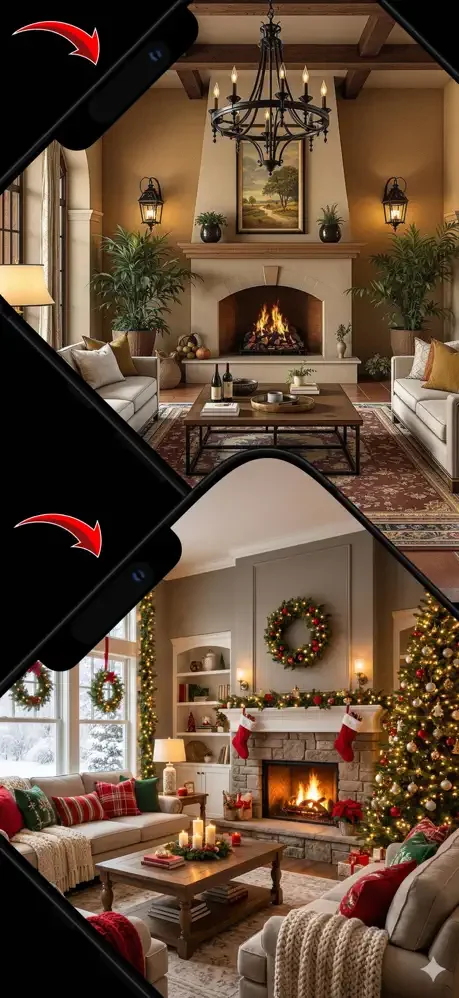 Home AI transformation gallery showing formal fireplace living room and festive holiday-decorated interior design updates