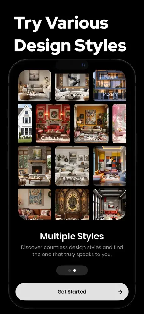 Interior design styles selection menu displaying 12 design options including Scandinavian, modern, farmhouse, and eclectic themes