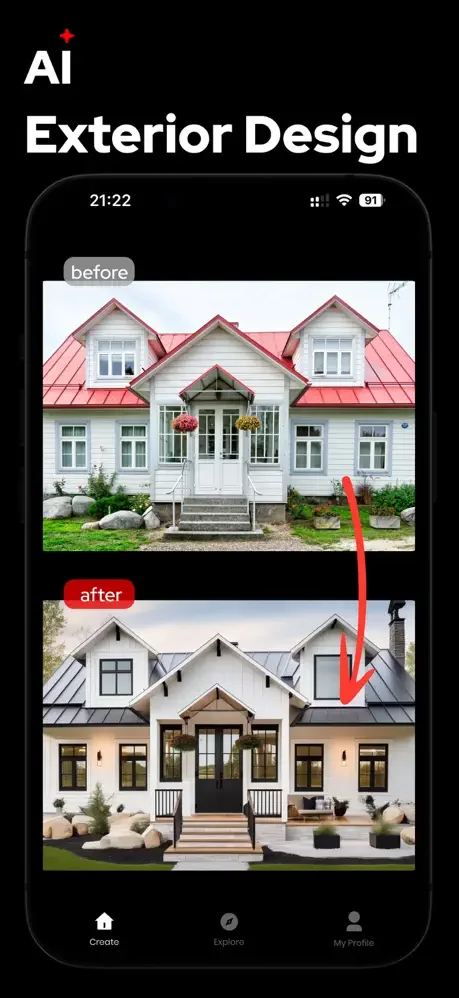 AI exterior design feature showing before-and-after house transformation with modern roofing and professional landscaping updates