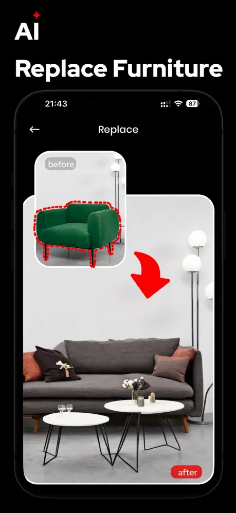 AI furniture replacement tool showing green armchair selected and replaced with modern black sofa in contemporary living room design