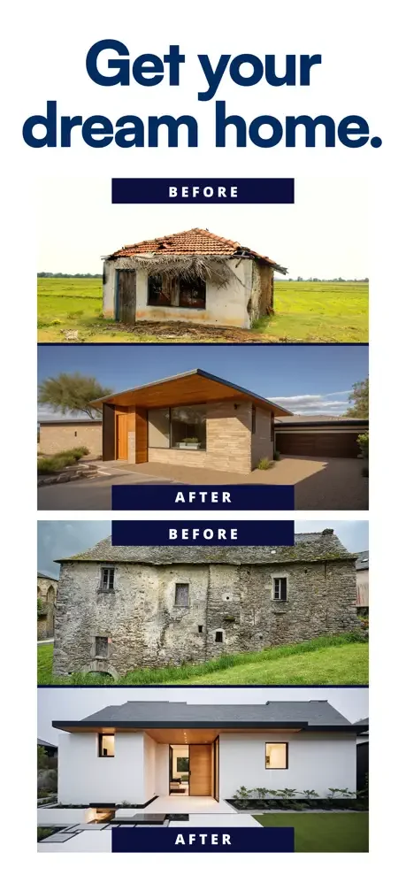 Before and after home exterior renovations showing transformation of houses using Ev AI exterior home design app