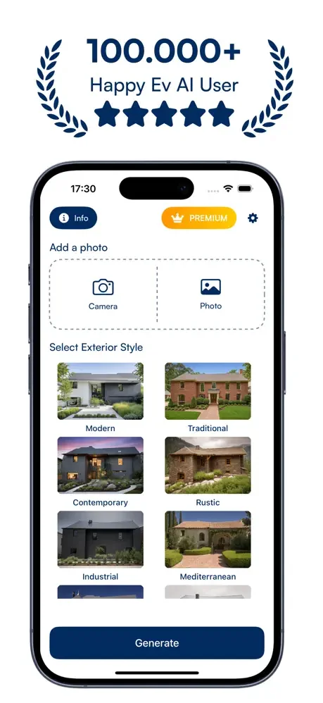 Ev AI app interface with 100,000+ users, showing photo upload, exterior style selection, and AI design generation