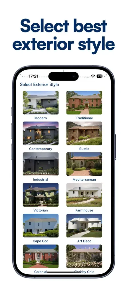 Choose from 12 exterior styles: Modern, Traditional, Contemporary, Rustic, Industrial, Mediterranean, Victorian, and more