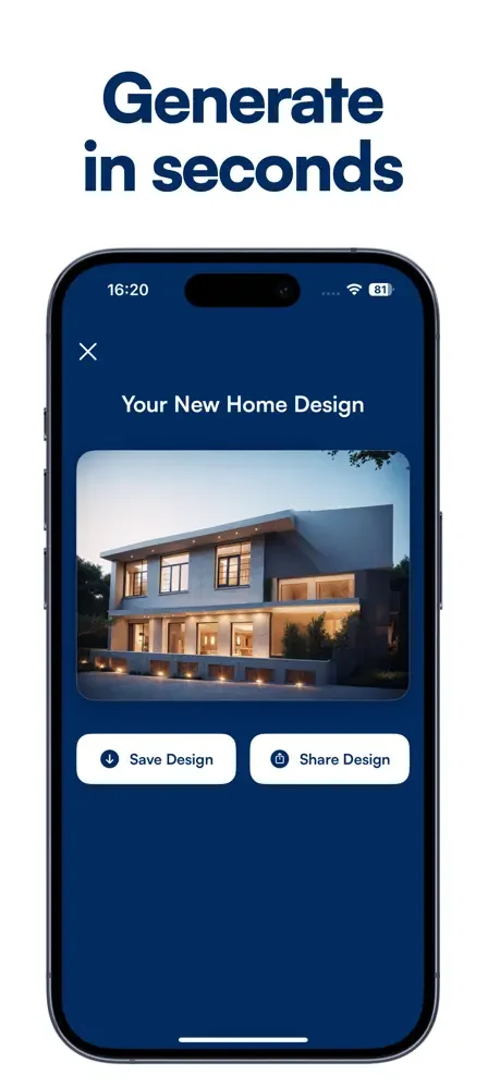 AI-generated modern home design rendering with two-story exterior, contemporary details, and Save and Share buttons