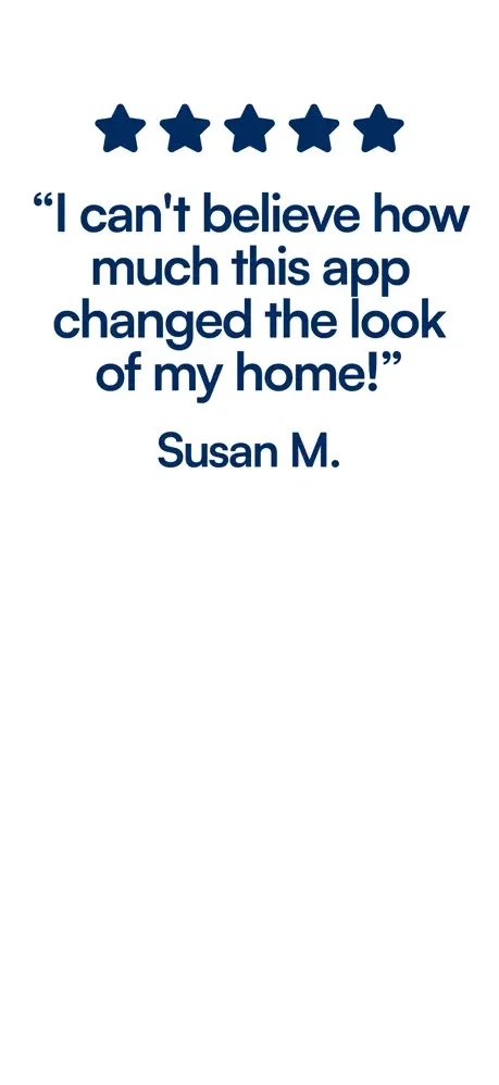User testimonial: Five stars for Ev AI app transforming home exterior appearance and design, from Susan M.