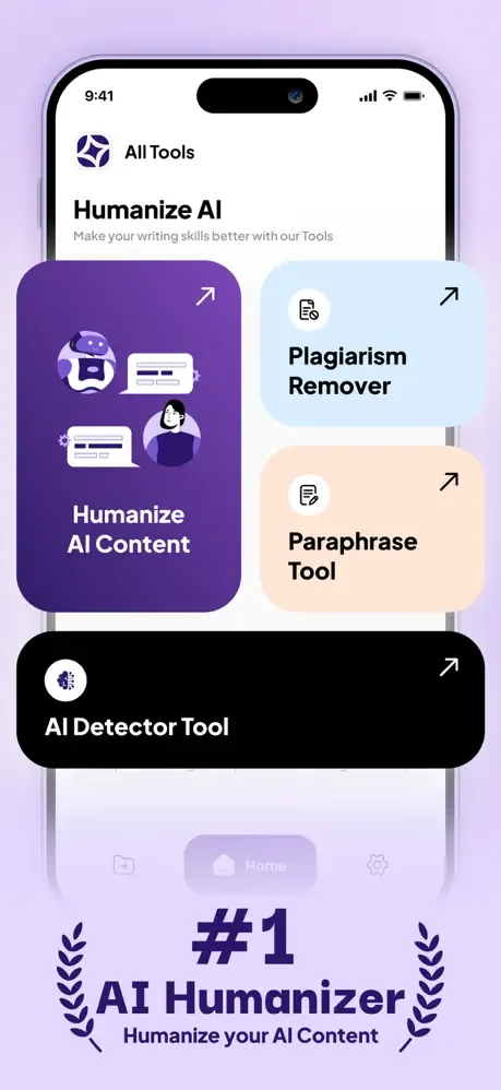 Humanize AI app home screen showing all tools including Humanize AI Content, Plagiarism Remover, Paraphrase Tool, and AI Detector for transforming GPT text naturally