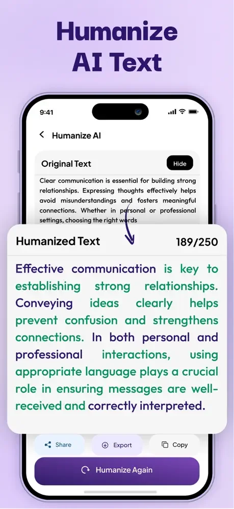Humanize AI text transformation screen displaying original AI-generated text converted to natural human-like text with green highlights, 189/250 characters, and Share/Export options