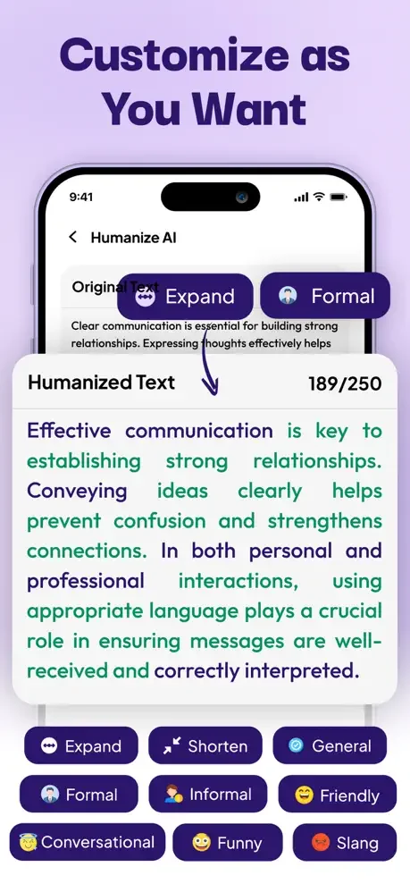 Text customization options screen with tone buttons including Expand, Formal, Shorten, General, Informal, Friendly, Conversational, Funny, and Slang choices