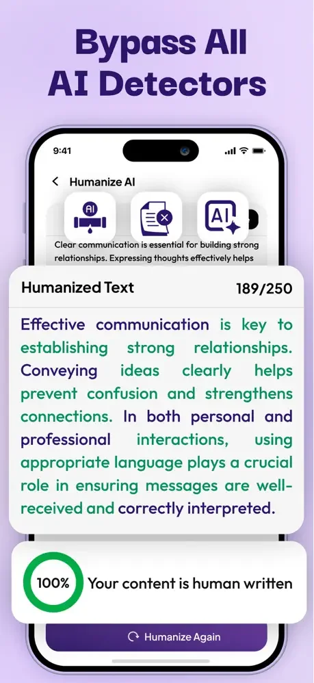 Humanized content verification showing 100% human written detection with three AI detector icons indicating successful bypass of AI detection systems