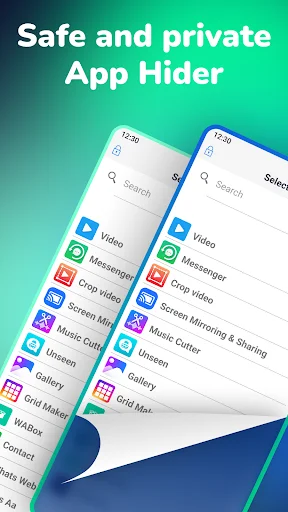 App Hider interface showing searchable app selection list including Video, Messaging, Camera, Gallery apps to hide and protect privately.