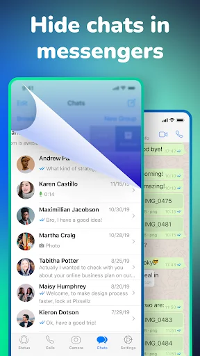 Messenger chat interface showing private conversations with profile pictures and timestamps that can be hidden using Hyde app hider.