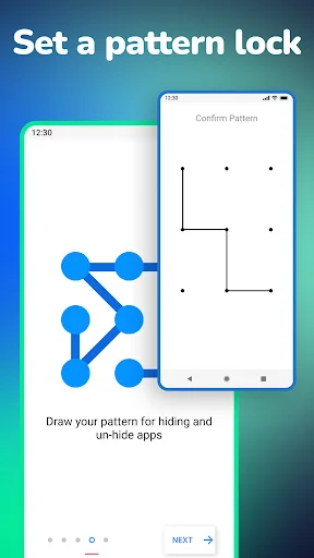 Pattern lock security setup screen with dots forming custom pattern to draw for protecting and securing hidden apps from access.