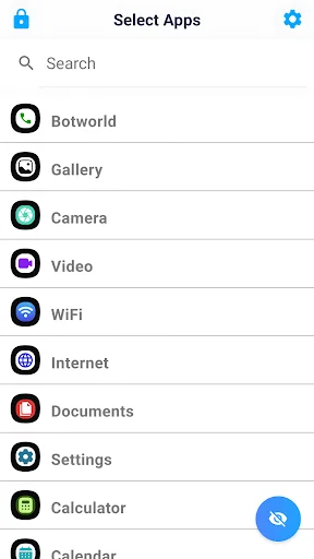 App selection list interface with search bar displaying apps like Botworld, Gallery, Camera, Video, WiFi available to hide securely.