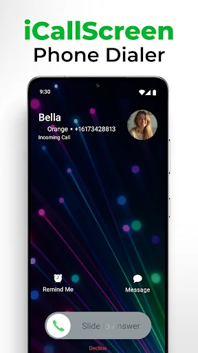 iCallScreen incoming call from Bella with animated colorful background, call controls, and slide-to-answer gesture