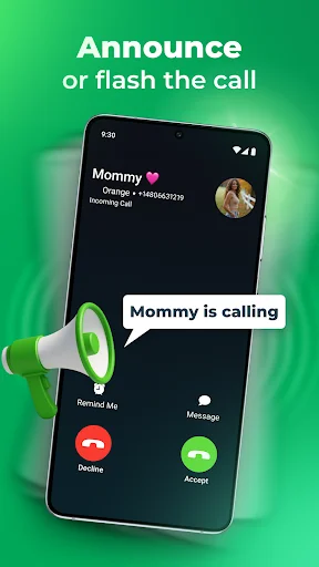 iCallScreen announcement and flash call feature with megaphone icon showing incoming call notification alert