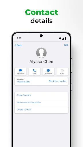 iCallScreen Contact details for Alyssa Chen with message call WhatsApp email options and block manage features