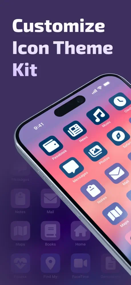 Customize Icon Theme Kit app interface displaying iPhone homescreen with multiple themed app icons in purple gradient design