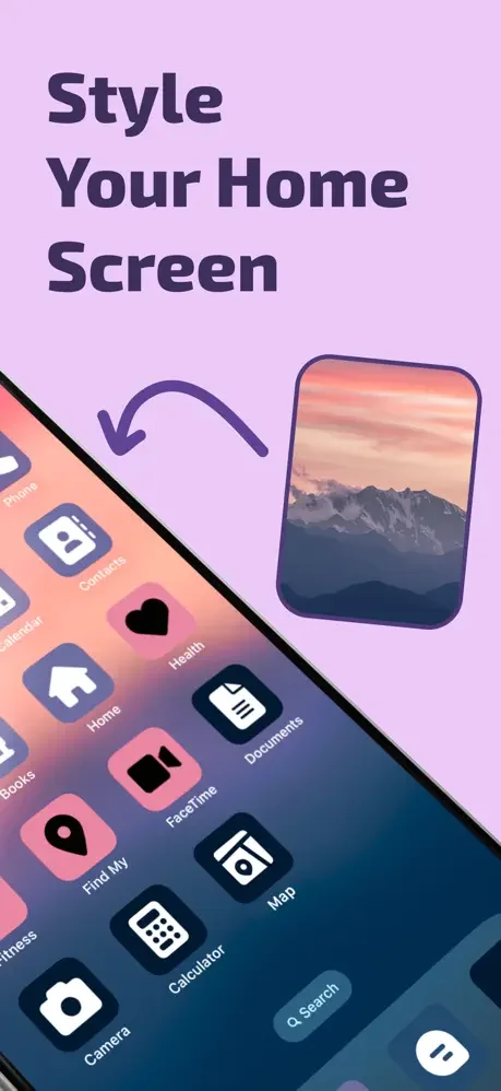 Style Your Home Screen feature showing iPhone with personalized app icons and mountain landscape widget customization preview