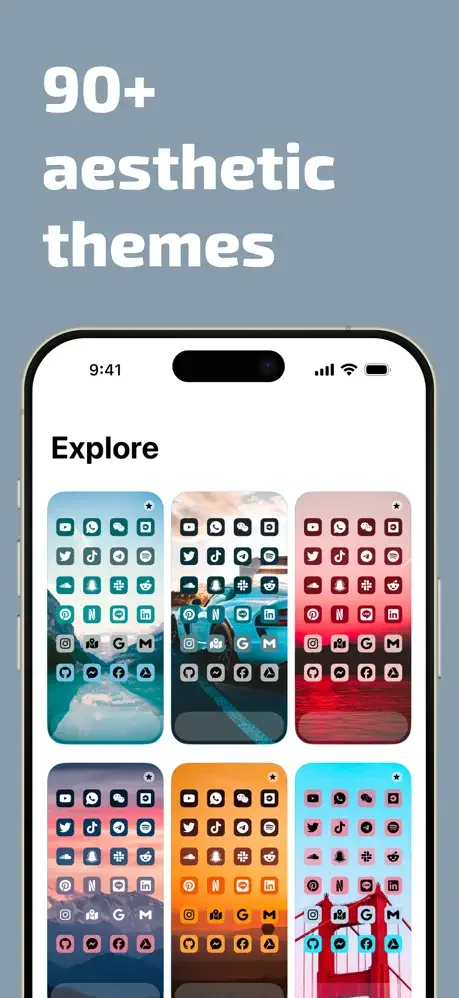90+ aesthetic themes explore page displaying icon theme packs with various color scheme variations for iOS homescreen styling