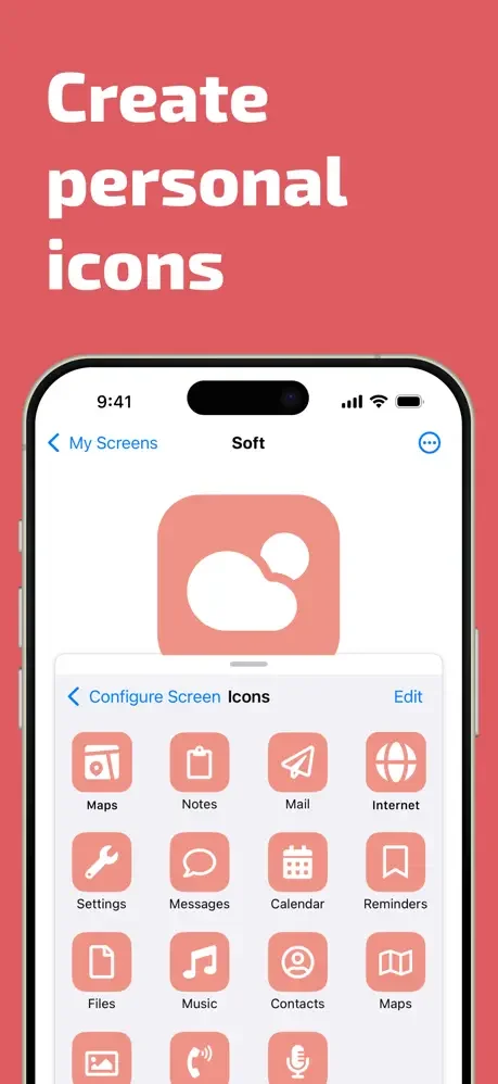 Create personal icons interface showing Soft theme preset with large cloud icon and grid of customizable app icons
