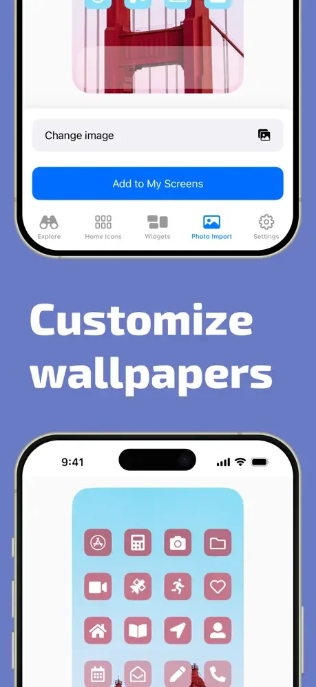 Customize wallpapers screen with image editor, Add to My Screens button, and icon set preview with pink-toned app icons