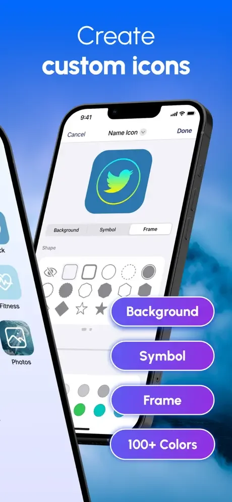 Custom icon creation editor with symbol, background, frame, and 100+ color options for design customization