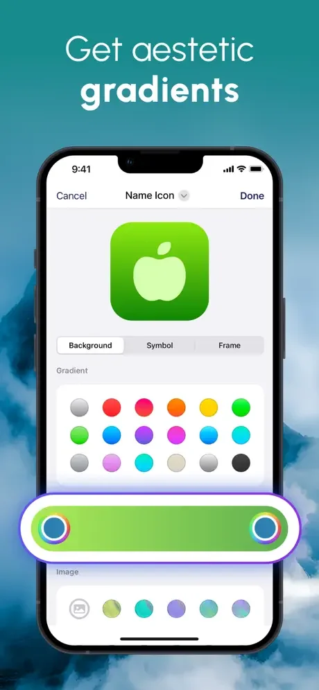 Aesthetic gradient color picker interface for custom icon design with vibrant gradient effects and color palette selection
