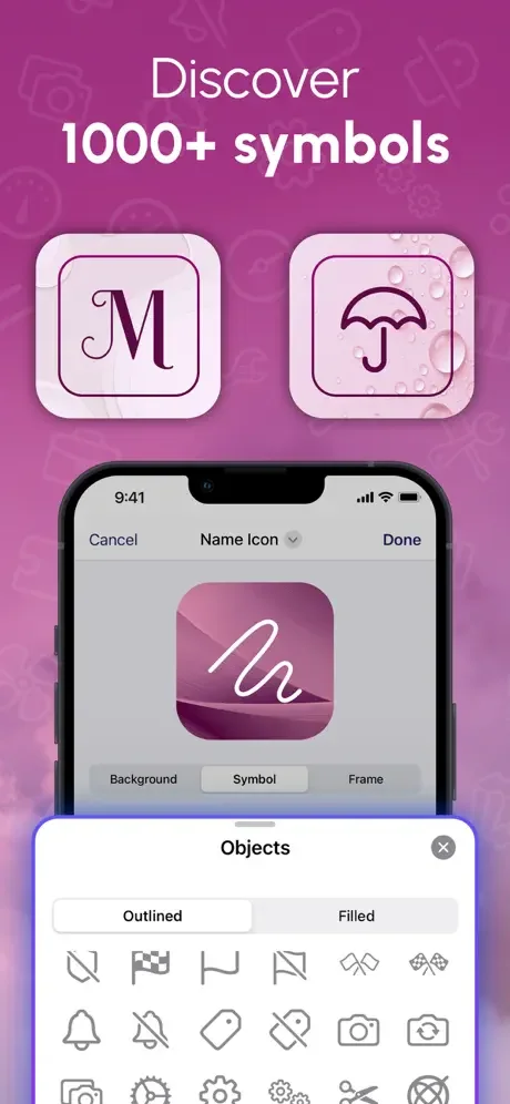 Symbol library interface showcasing 1000+ objects with outlined and filled symbol options for custom icon creation