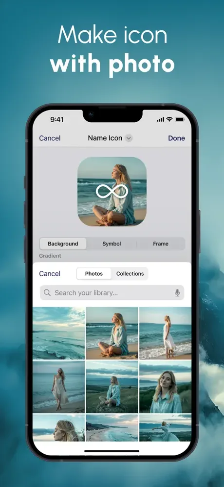 Photo-to-icon converter interface with photo library grid enabling users to transform personal photos into custom app icons