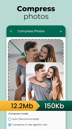 Photo compression interface showing original 12.2MB image reduced to 150KB with auto-compress and specific size options