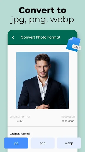 Photo format conversion screen with options to convert images to JPG, PNG, or WebP formats with resolution display