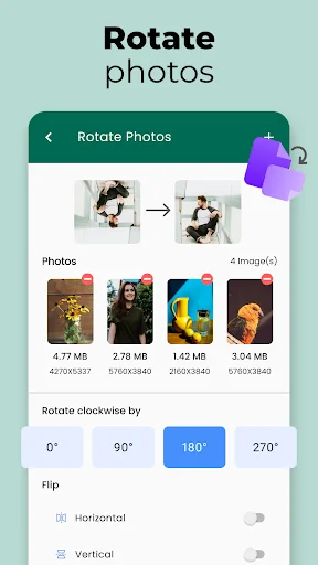 Photo rotation tool showing 0°, 90°, 180°, 270° rotation angles and horizontal or vertical flip toggle options