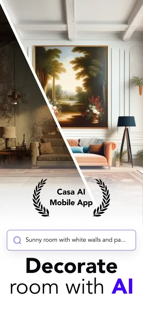 Casa AI interior design app home screen with AI-powered room decoration search and before-after preview